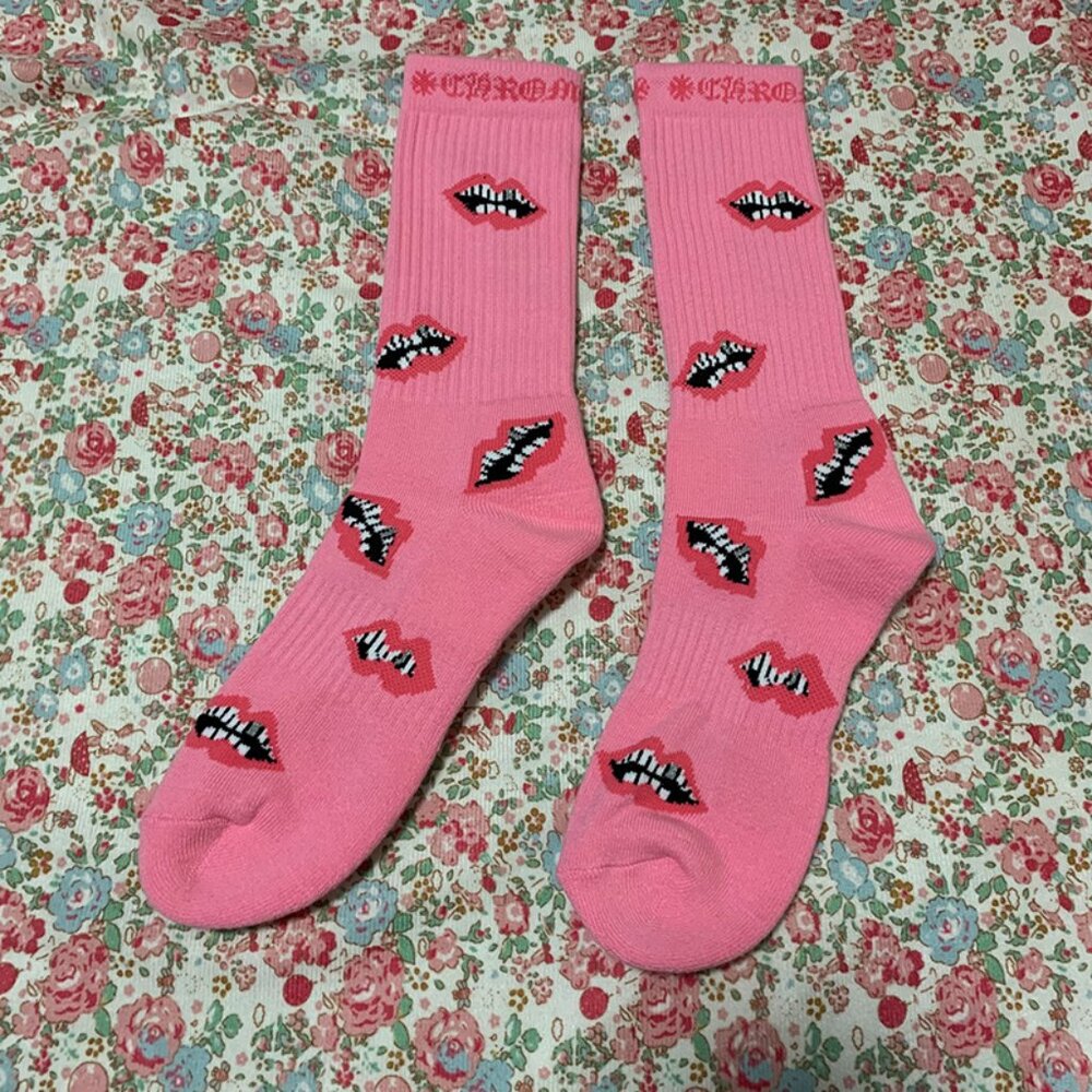 chrome hearts red lips pink cotton socks